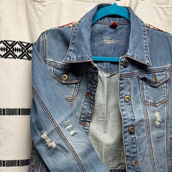 Stetson Blue Distressed cropped Denim Jacket with western embroidered back. - Picture 3 of 5